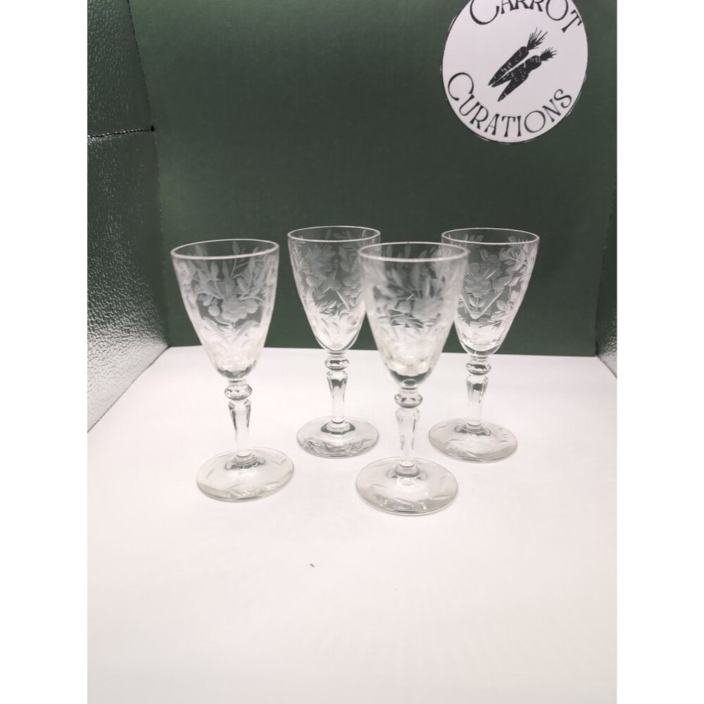 Vintage Etched Glass Shot Glasses Set of 4